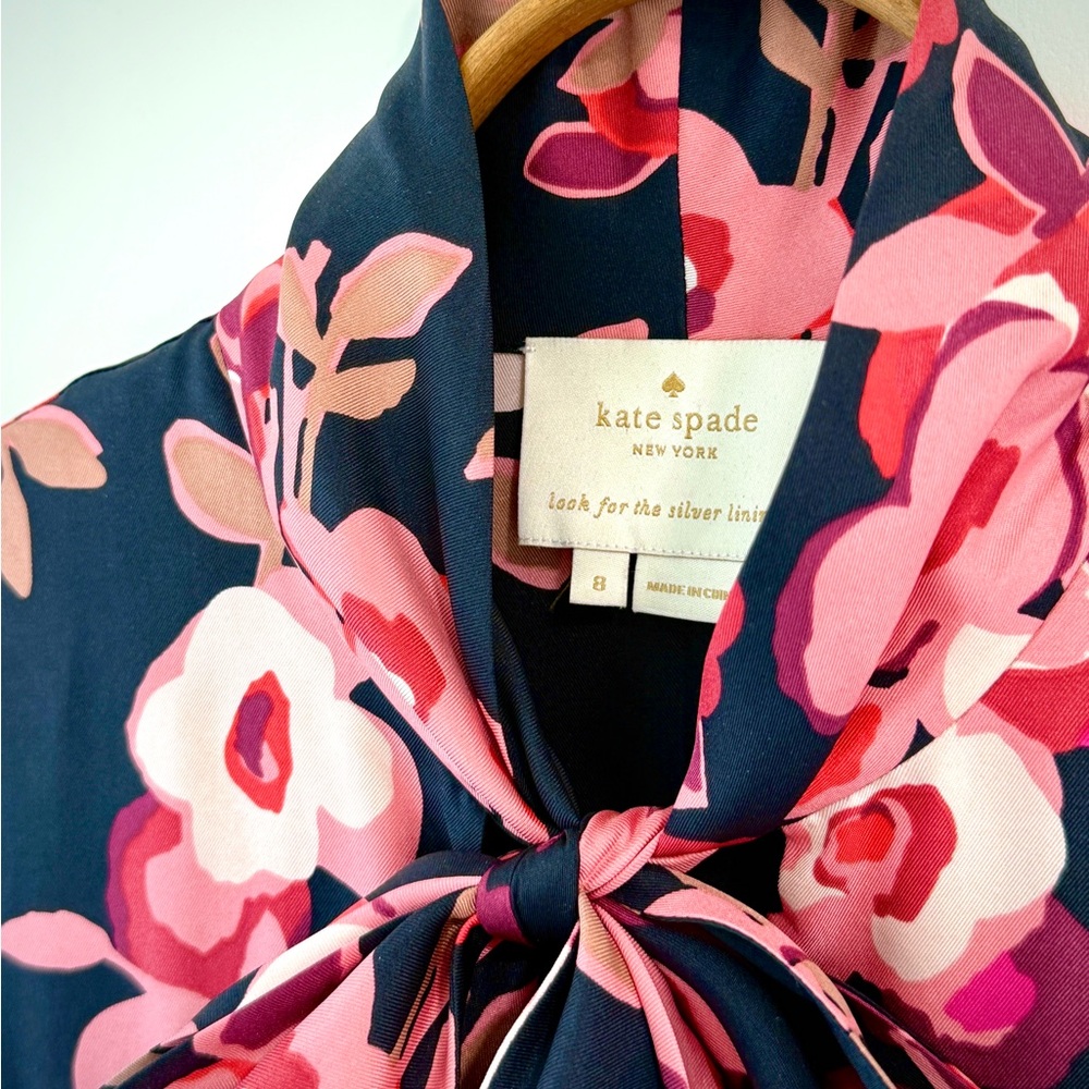 Kate Spade New York Shadow Bud Black and Pink Silk Print Pleated Floral Dress - Picture 16 of 16